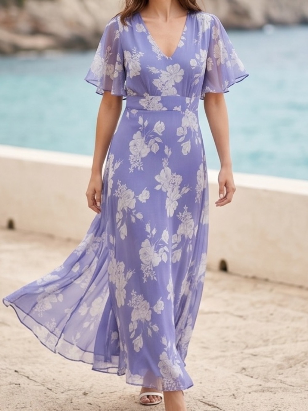 Elegant Sheer  Floral V-Neck Maxi Summer Party Dress with Flutter Sleeves